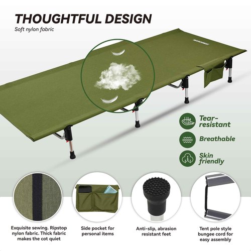 MARCHWAY Lightweight Folding Tent Camping Cot Bed with Lever Lock, Easy Setup Portable Compact for Outdoor Travel, Hunting, Hiking, Motorcycling, Support 330Lbs (Army Green)