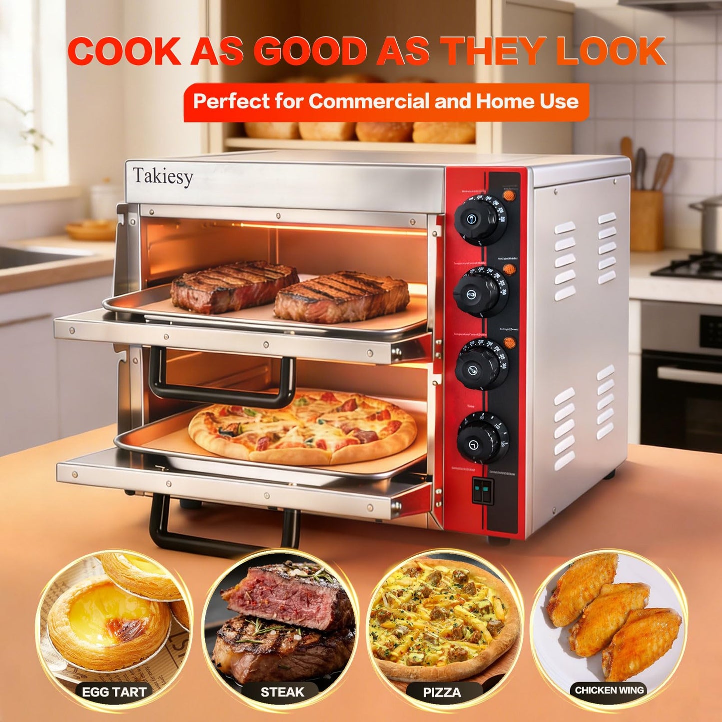 Takiesy Pizza Oven Countertop, 16 Inch Stainless Steel Commercial Double Decker Electric Oven with Pizza Stone and Handle for Home Restaurant Use