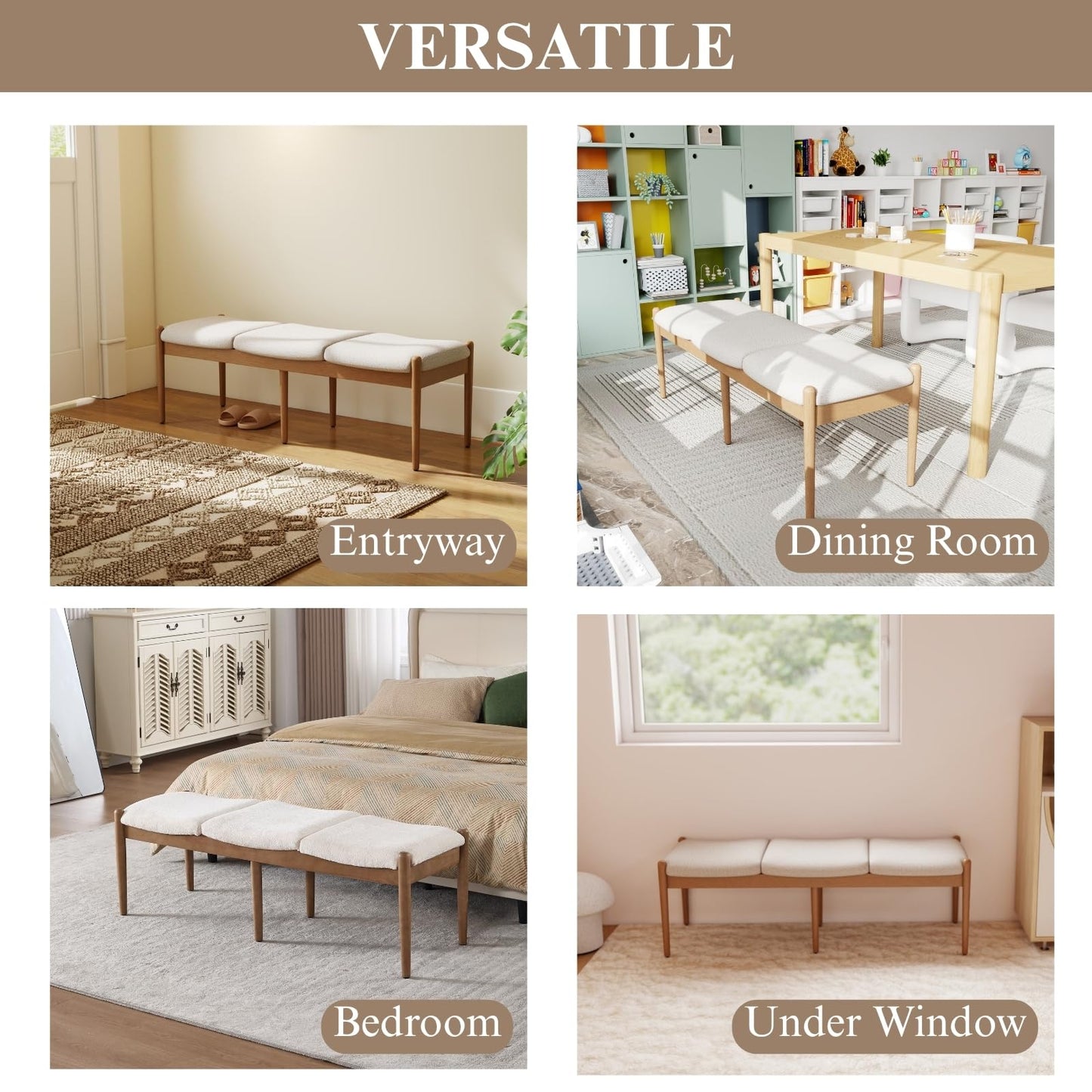 DUOMAY 55'' Modern Ottoman Bench, Chenille Upholstered Entryway Bench Bedroom Bench with Wood Legs, End of Bed Bench for Bedroom, Living Room, Corners, Kitchen, Beige
