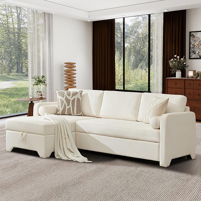 Tbfit 90.6'' 3 in 1 Sleeper Sofa Couch with Storage Chaise, Velvet Sofa Bed with Pull Out Bed, Convertible Sleeper Sofas for Living Room, Small Spaces, White