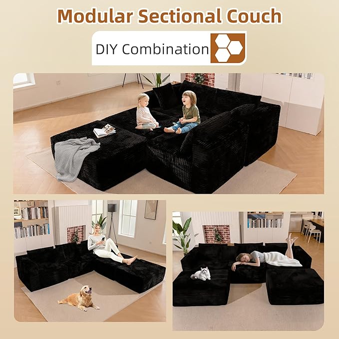 110 Modular Sectional Boneless Sofa with 2 Ottomans, Corduroy U-Shaped Modular Sectional Sofa, Convertible Cloud Couch with Deep Seats, No Assembly Required (Black, 110" 3Seat+2 0ttoman)