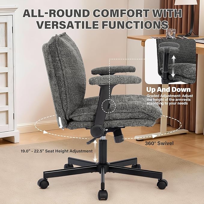 Kassipo Criss Cross Legged Office Chair with Wheels and Flip-Up Arms, Upholstered Criss Cross Desk Chair, Wide Seat Chairs for Home Office, Vanity, Apartment, Grey