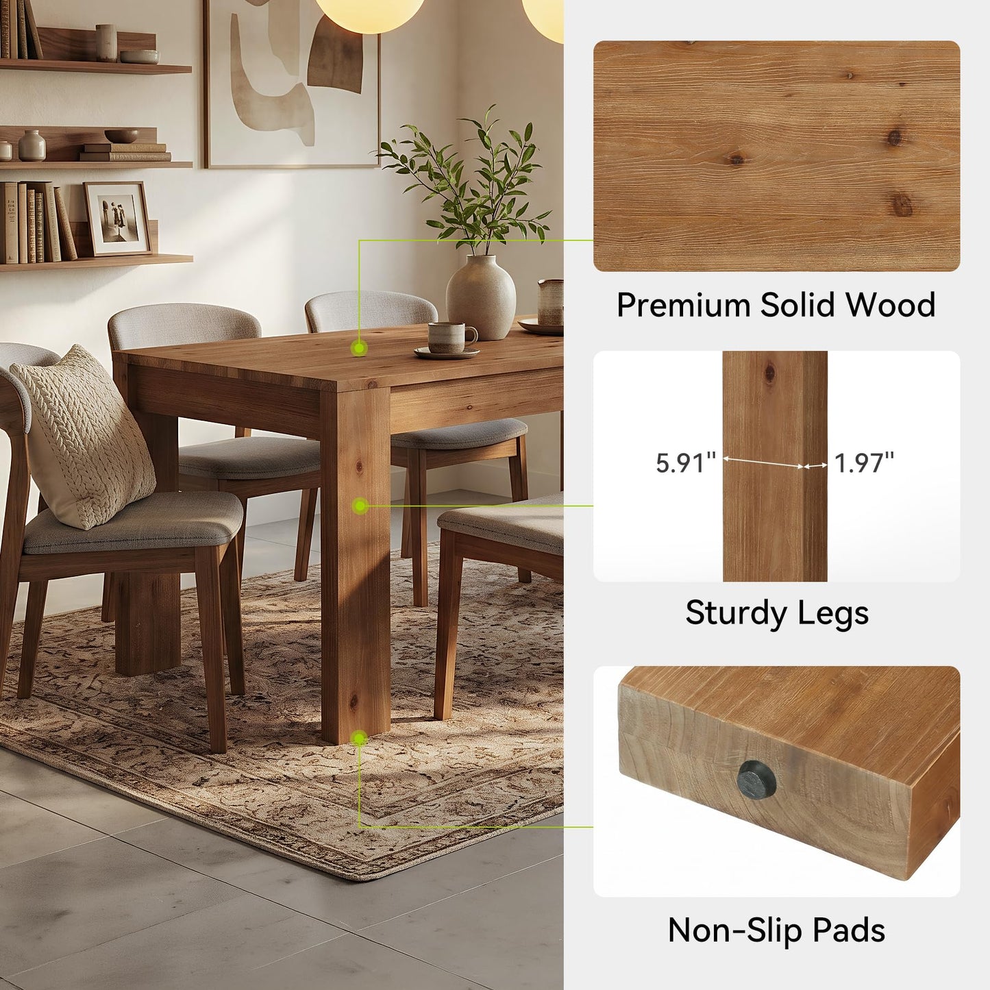 LITTLE TREE 55.12" Solid Wood Rectangular Dining Table, 30.71" Height Farmhouse Kitchen Table with Thick Legs for 4-6 People, Warm Rustic Brown(Table Only)