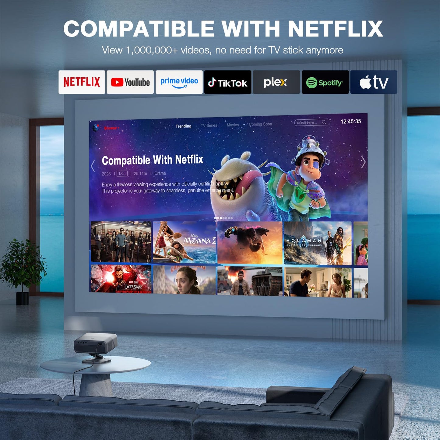 [Compatible with Netflix & Auto Focus]AuKing Smart Projector with Wifi and Bluetooth,Auto Focus&Keystone Projector4K,3D DoIby Audio, 1200ANSI Outdoor Projector with Omnidirectional Rotating Stand