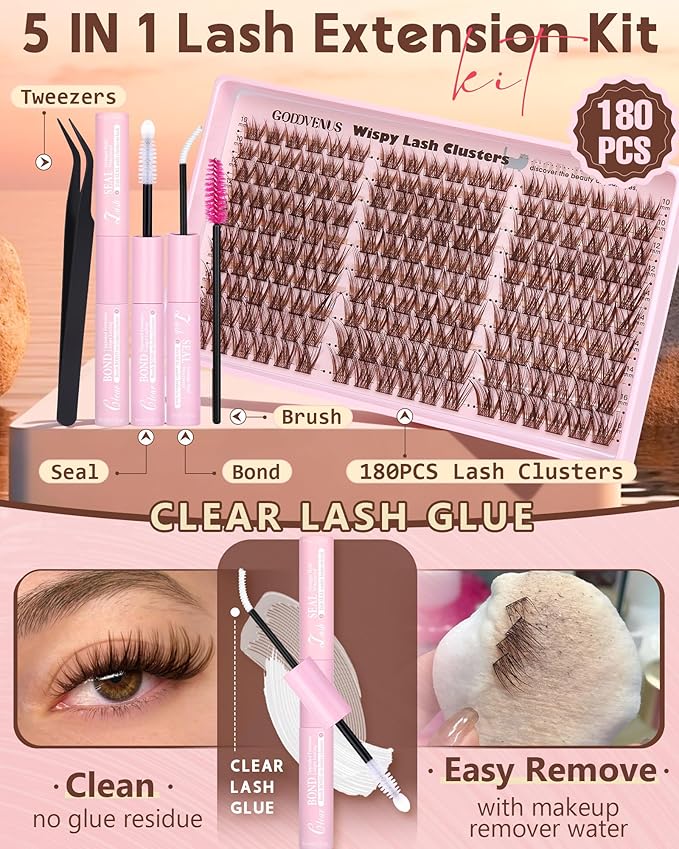 Brown Wispy Eye Lash Clusters Kit Natural Cluster Eyelash Extensions Kit False Eyelash Clusters Fluffy DIY Individual Lash Extensions Kit C Curl