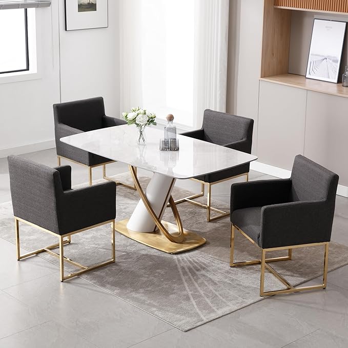 BESTANO Upholstered Dining Chairs with Armrest Set of 4 Mid Century Modern Accent Chairs Armchairs with Gold Metal Frame, Modern Kitchen & Dining Room Chairs, Charcoal