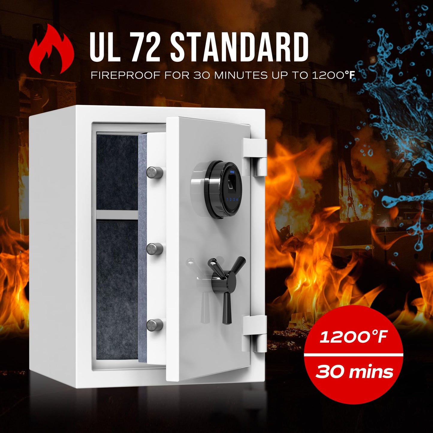RPNB Deluxe Biometric Safe Box,Digital Fingerprint Fireproof Waterproof Safe with Touch Screen,Removable Shelf and 3 Spoke Handle,Home Safes for Cash Documents Jewelry,1.29 Cubic Feet,White