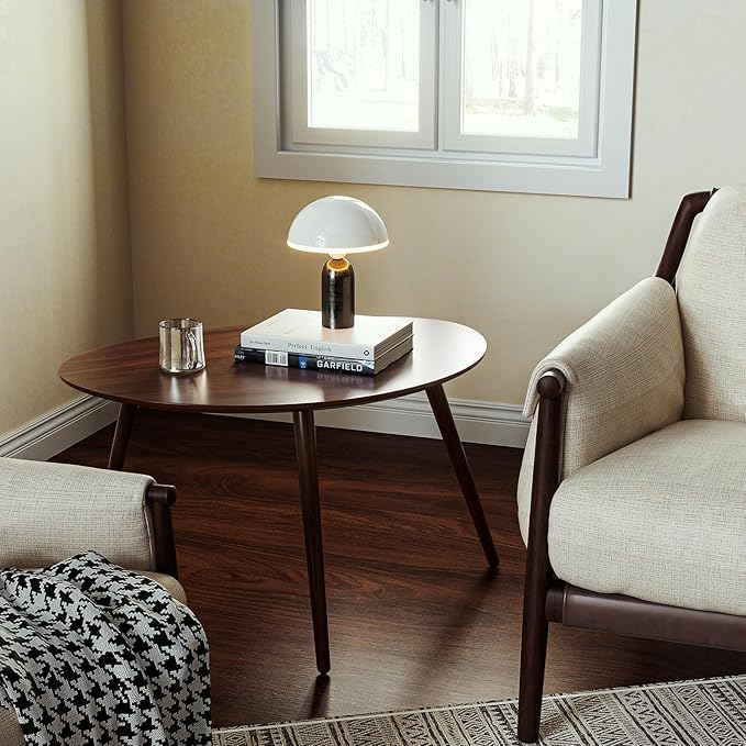 Vadisun Small Oval Coffee Table, 25.6'' Small Mid Century Modern End Table for Living Room, 100% Solid Oak Wood Side Table, Minimalist Display Center Table(Walnut Color, 25.59''Wx17.51''Dx19.68''H)