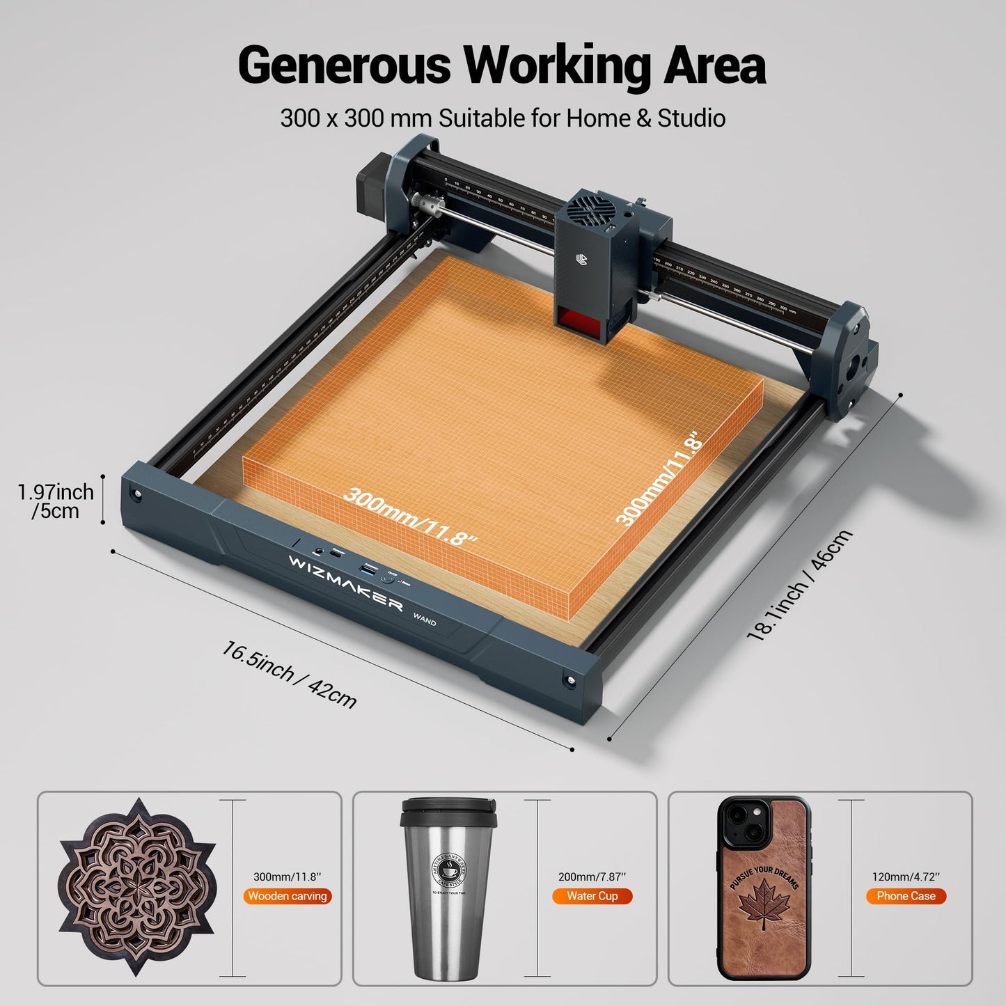 Wizmaker Wand Laser Engraver, 7W Output Power Engraver, 300x300mm Processing Area, 10000 mm/min Processing Speed, Suitable for Processing Wood, Leather, Coated Metal, Acrylic