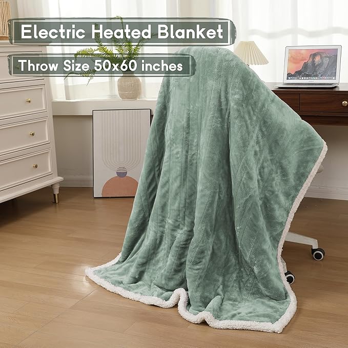 Heated Blanket Electric Throw Size 50''x60'' with 9 Heating Levels, 3 Hour Auto Shut Off, Machine Washable, Flannel & Sherpa Double-Sided Soft Warming Blanket for Couch, Bed, Office - Light Green