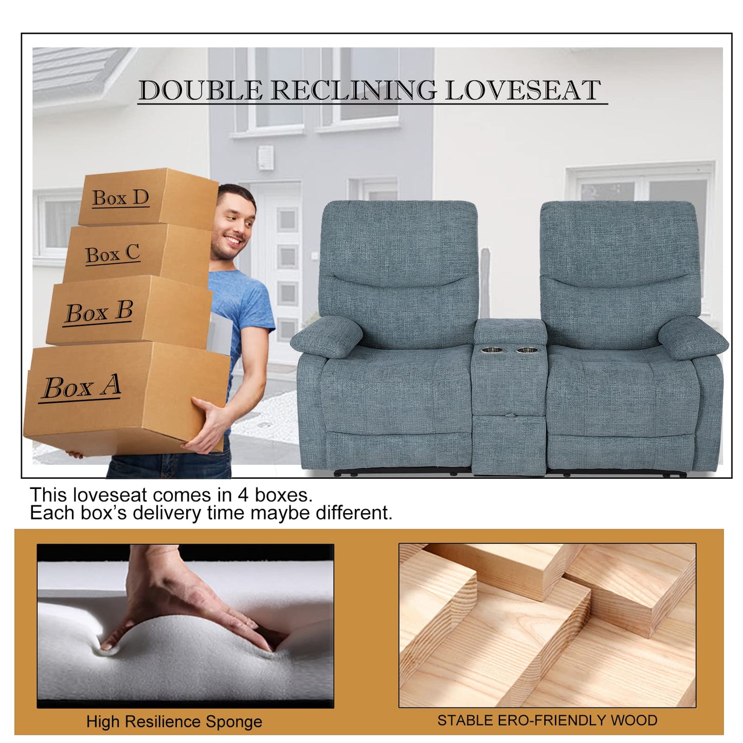 B BAIJIAWEI Double Reclining Loveseat - Fabric Home Theater Seating with Console - 2 Seater Manual Reclining Couch for Living Room, Office (Fabric- Blue)