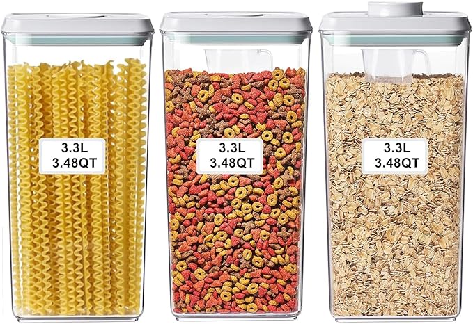 Airtight Food Storage Containers with Lids Pop Up Containers Pasta Organizer for Kitchen Pantry Cereal Snack Flour Sugar Coffee (3pc 3300ml / 3.48qt)