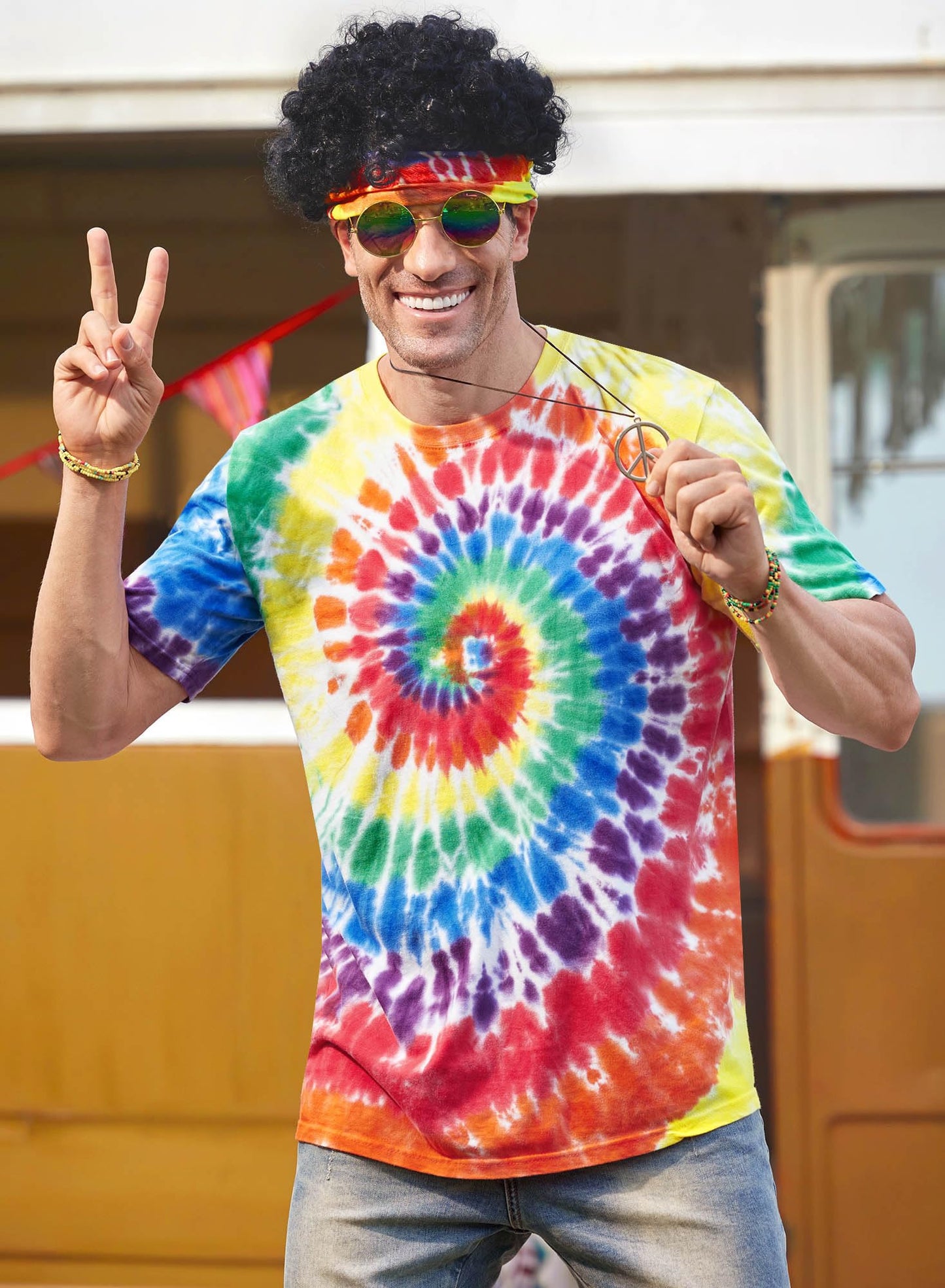 Mainfini Hippie Costume for Men Women Comfortable 60s 70s Outfits Carnival Tie Dye Peace Novelty Theme Party Glasses XL