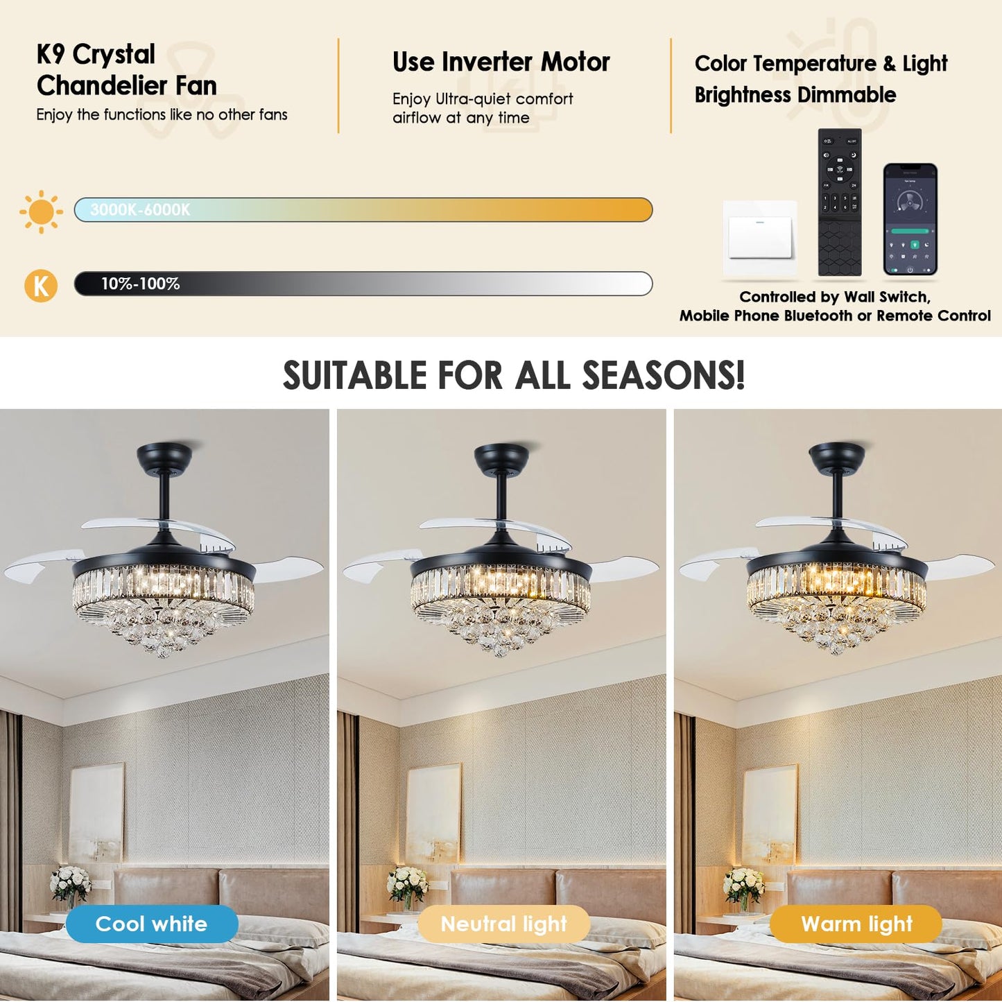 Asyko 48" Black Crystal Chandelier Ceiling Fans with Lights, Modern Retractable Blade Ceiling Fan Light with Remote and APP, Dimmable 3 Light Colors and Reversible Quiet DC Motor