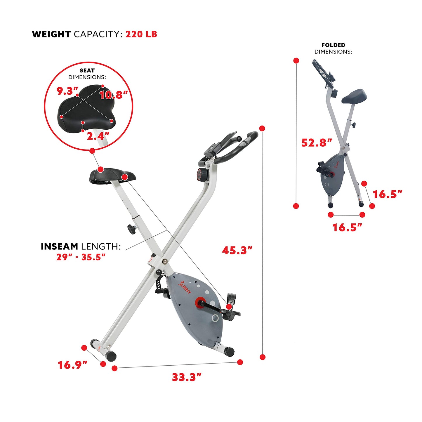 Sunny Health & Fitness Comfort XL Ultra Cushioned Seat Folding Exercise Bike with Device Holder, Gray - SF-B2989