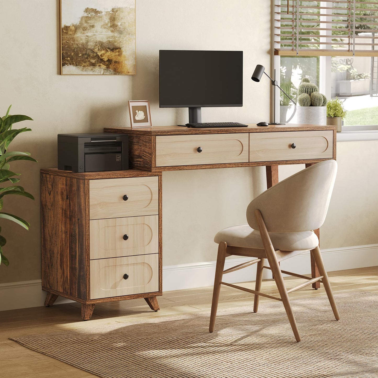 LITTLE TREE 39-Inch Writing Desk with 5 Drawers & Retractable Cabinet, Small Expantable Computer Desk, Vanity Table with Storage, Interchangeable Left and Right, for Small Spaces, Brown