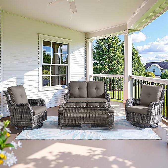 Belord Wicker Outdoor Furniture Patio Furniture Set - 6 Piece Patio Conversation Set with Swivel Rocker Chairs, Loveseat Sofa, Ottomans and Coffee Table, Gray Cushion