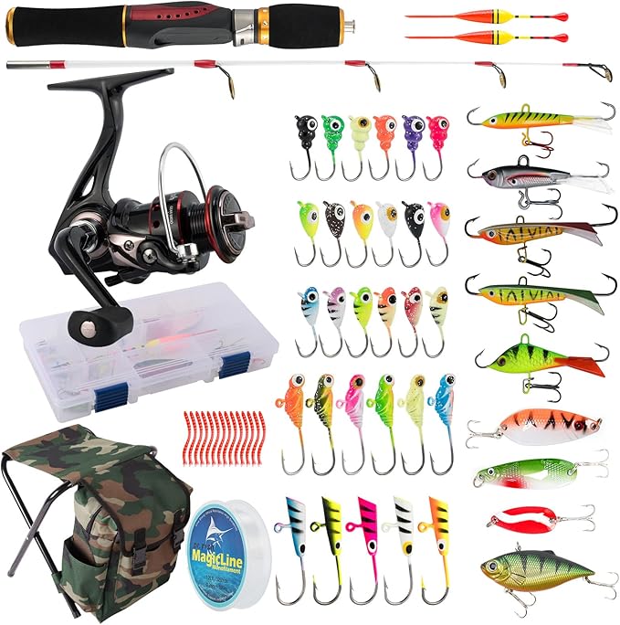 Dr.Fish Ice Fishing Rod and Reel Combo, Ice Fishing Pole Gear Spinning Reel Equipment Set Backpack Chair Jigs Lures Access...