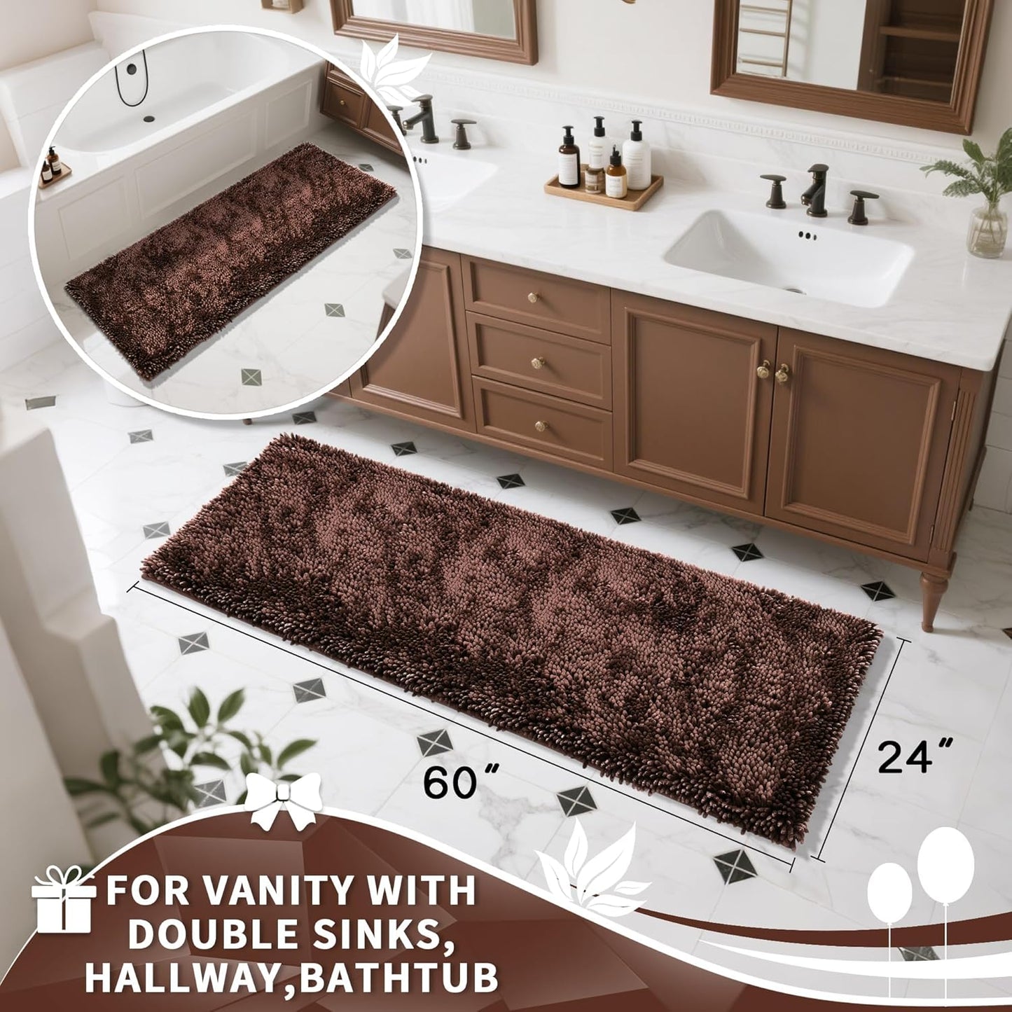 Yimobra Long Bathroom Rugs Runner 60x24 Inch, Extra Thick Soft Absorbent Chenille Bath Mat, Non Slip Machine Washable, Quick Dry Bath Rugs for Bathroom Floor, Tub and Shower, Brown