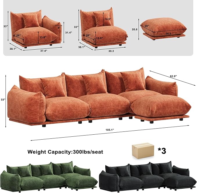 Modern Minimalist Chenille Modular Sectional Sofa, Deep-Seat 3-Seater L-Shaped Couch with Movable Ottoman and Thick Cushions, Upholstered Sofa for Living Room, Bedroom, Office, Apartment Orange L Sofa