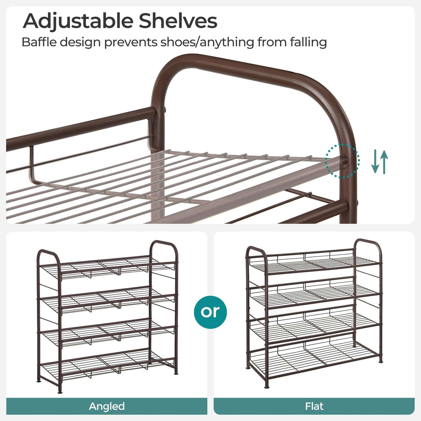 SONGMICS Stackable Shoe Rack, 4 Tier Metal Shoes Rack Storage Shelf, Holds up to 20 Pairs Shoes, Adjustable Slanted Shelves Tower Organizer for Closet Entryway Small Spaces, Bronze