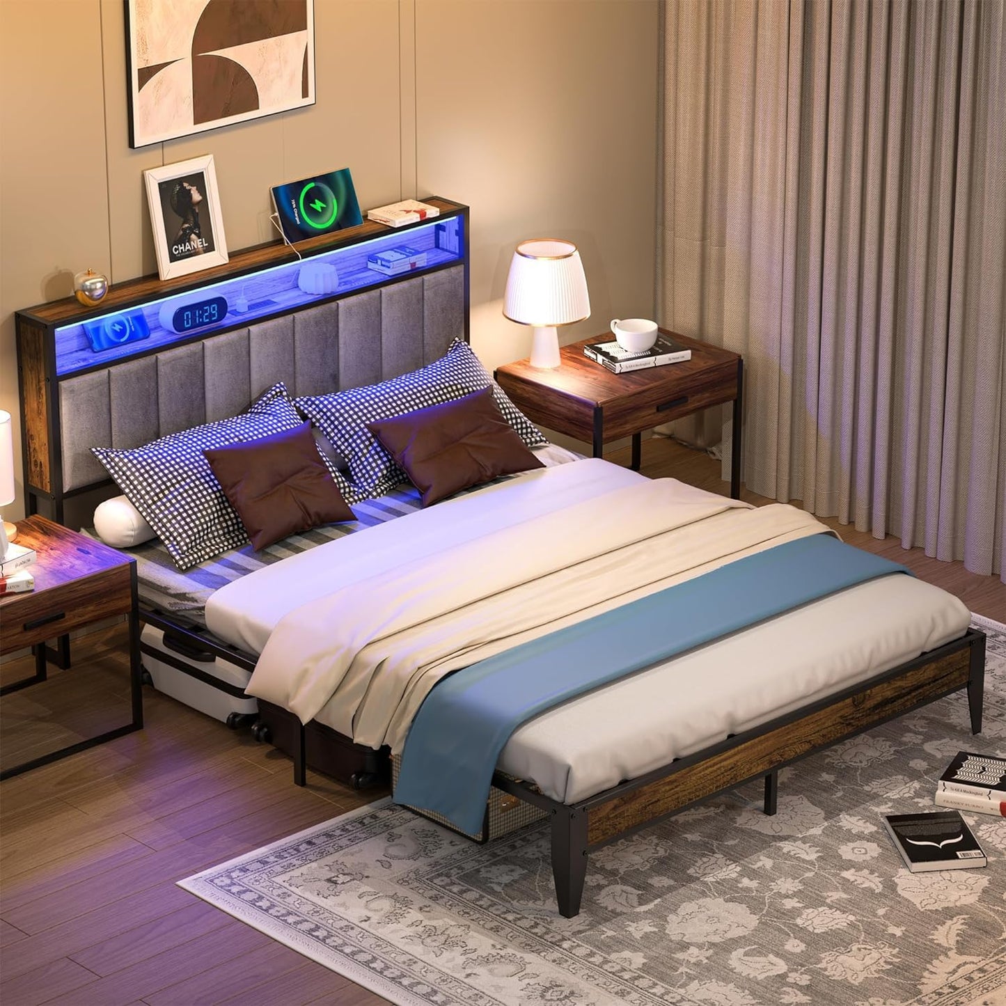 FSJianYi Queen Metal Bed Frame with Charging Station, LED Lights Headboard, Strong Metal Slats Support No Box Spring Needed Noise Free (Queen (U.S. Standard))