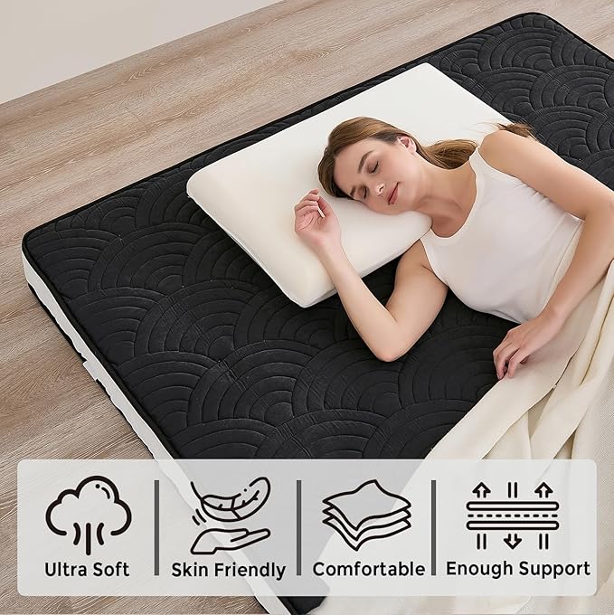 Zelladorra Japanese Floor Mattress, Quilted Futon Mattress with Anti-Slip Bottom, Foldable Floor Bed with Storage Bag and Straps, (Black, Queen)