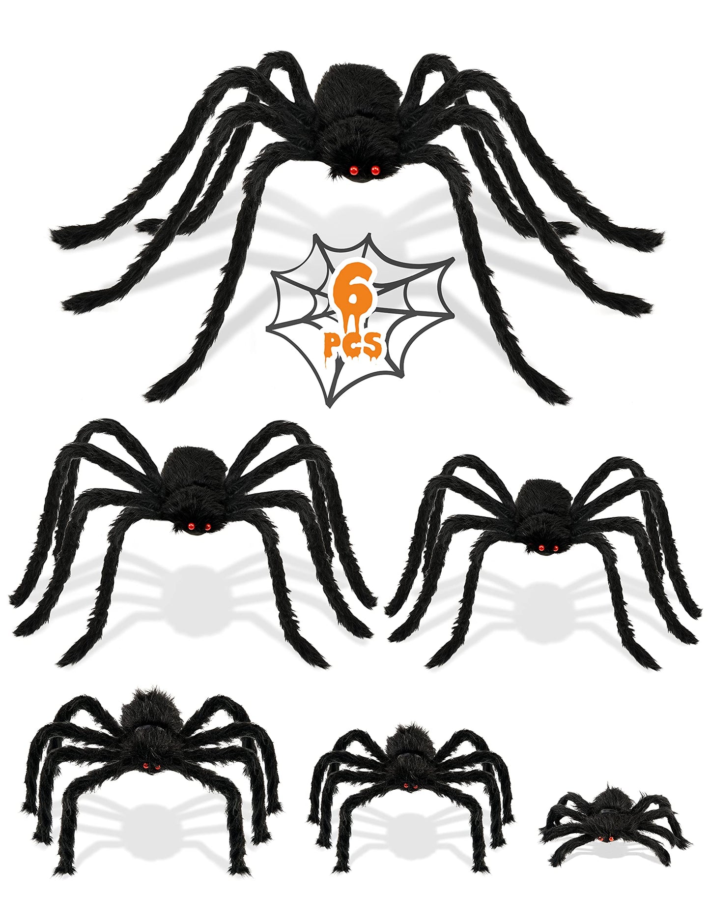 HOPOCO Halloween Plush Spiders Set Scary Fake Spider for Indoor Outdoor Halloween Decor for Home Party Yard Haunted House Decorations (6 in 1)