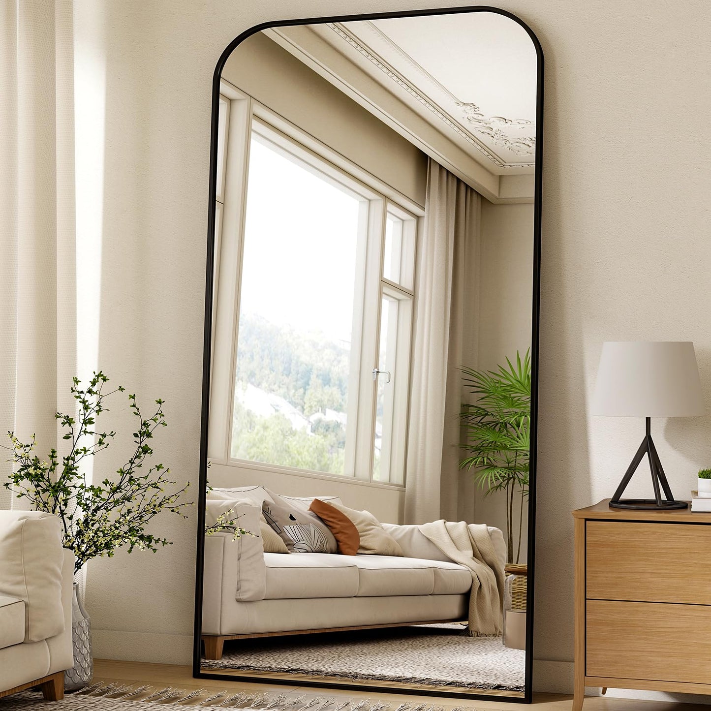 XRAMFY Full Length Mirror - Large Floor Standing & Wall Mountable Full Body Mirror with Sturdy Aluminum Frame, Arched Top Design, Freestanding or Hanging for Bedroom, Living Room, Cloakroom,Black