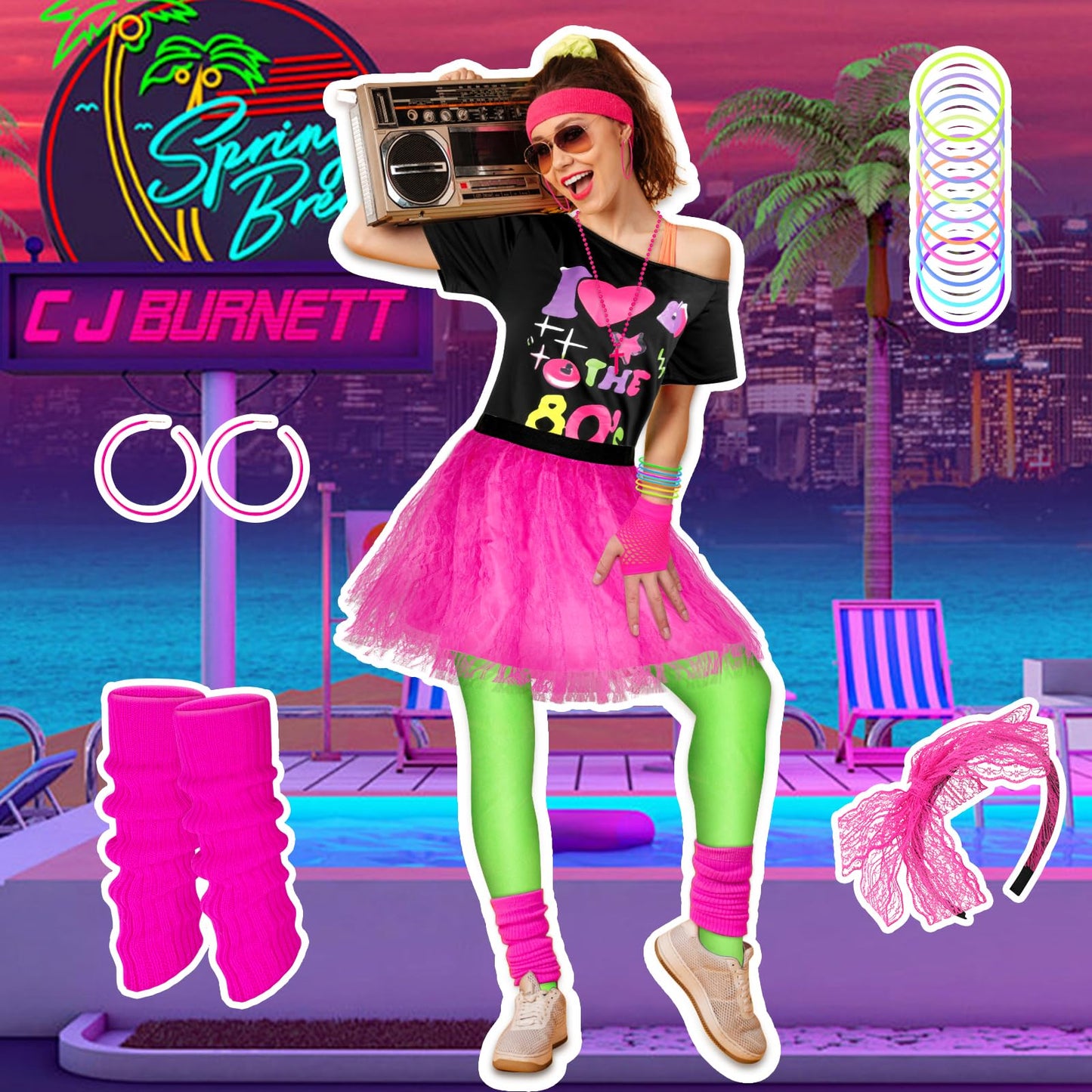 Mukum 80s Costume Set for Women 80s Outfit Accessories Set Off Shoulder Pink T Shirt Leggings Bracelets Hairband Fishnet Gloves Beaded Necklace for Hollowen Party-M