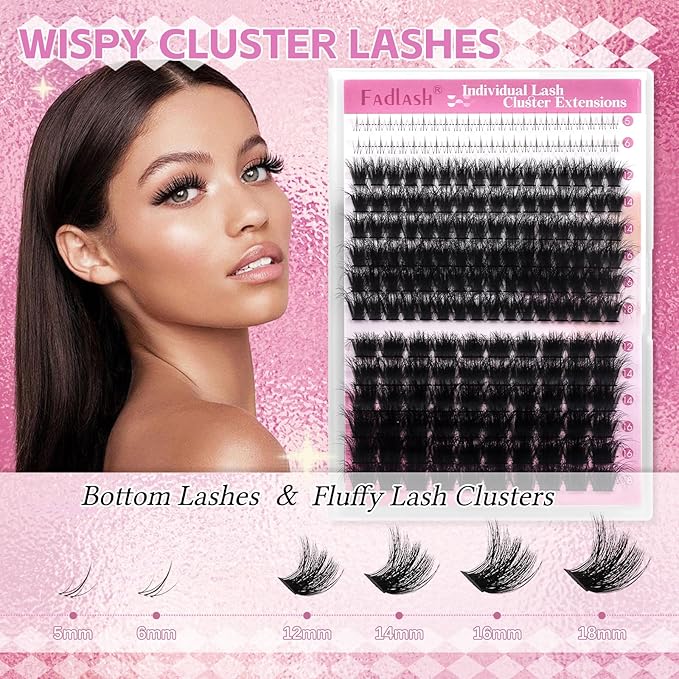 FADLASH Cluster Eyelash Extensions with Bottom Lash Clusters 100D 200D Individual Lashes 12-18mm Eyelash Clusters Fluffy DIY Lash Extensions 3D Effect (100D+200D-12-18mm)