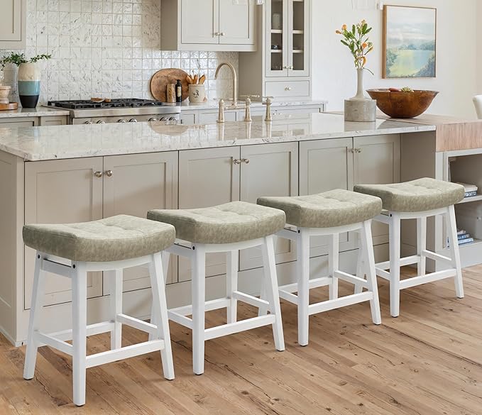 RNKSFX Counter Height Bar Stools Set of 4 for Kitchen Counter Farmhouse Modern Barstools with Faux Leather Upholstered Backless Seat and Solid Wood Legs 24 inch Bar Chairs, Light Grey + White