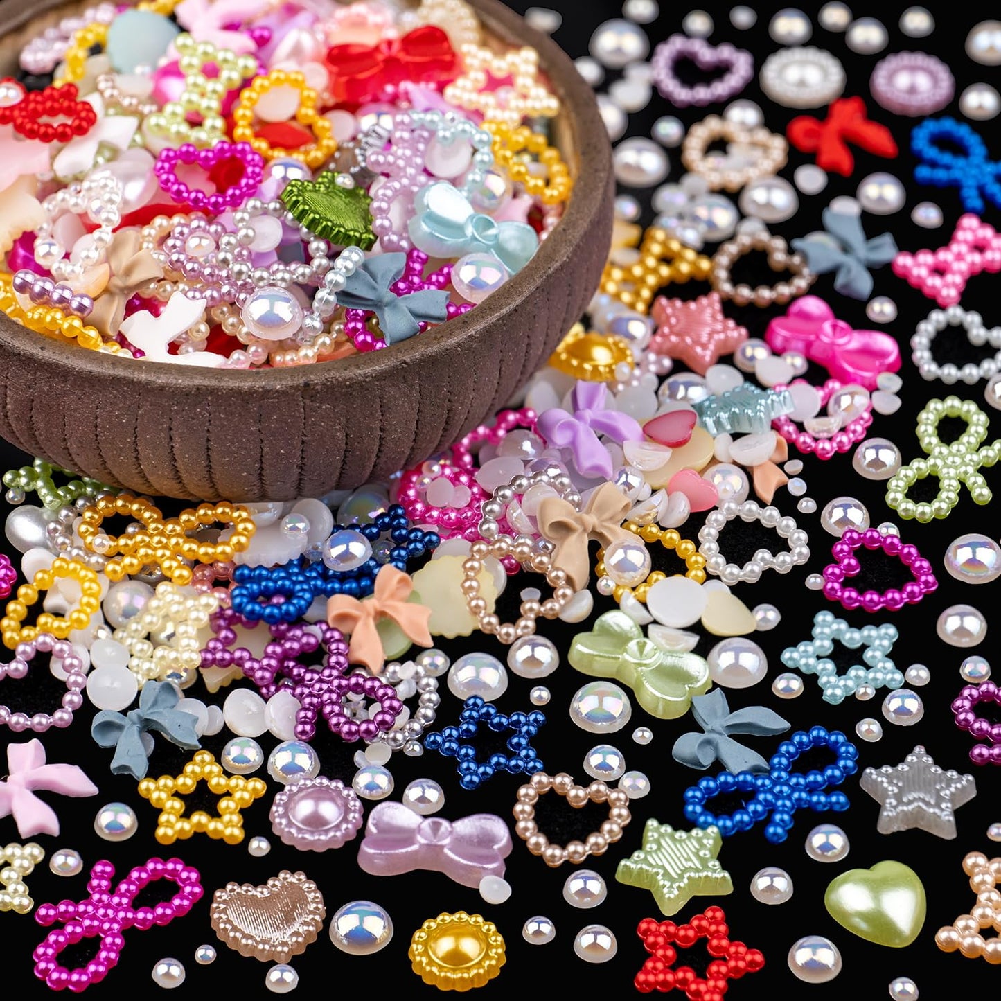 600Pcs 3D Multi Shapes Nail Charms and Flatback Pearls, Colorful&White Mix Styles Heart Star Bow Sunflower Embellishments for Na