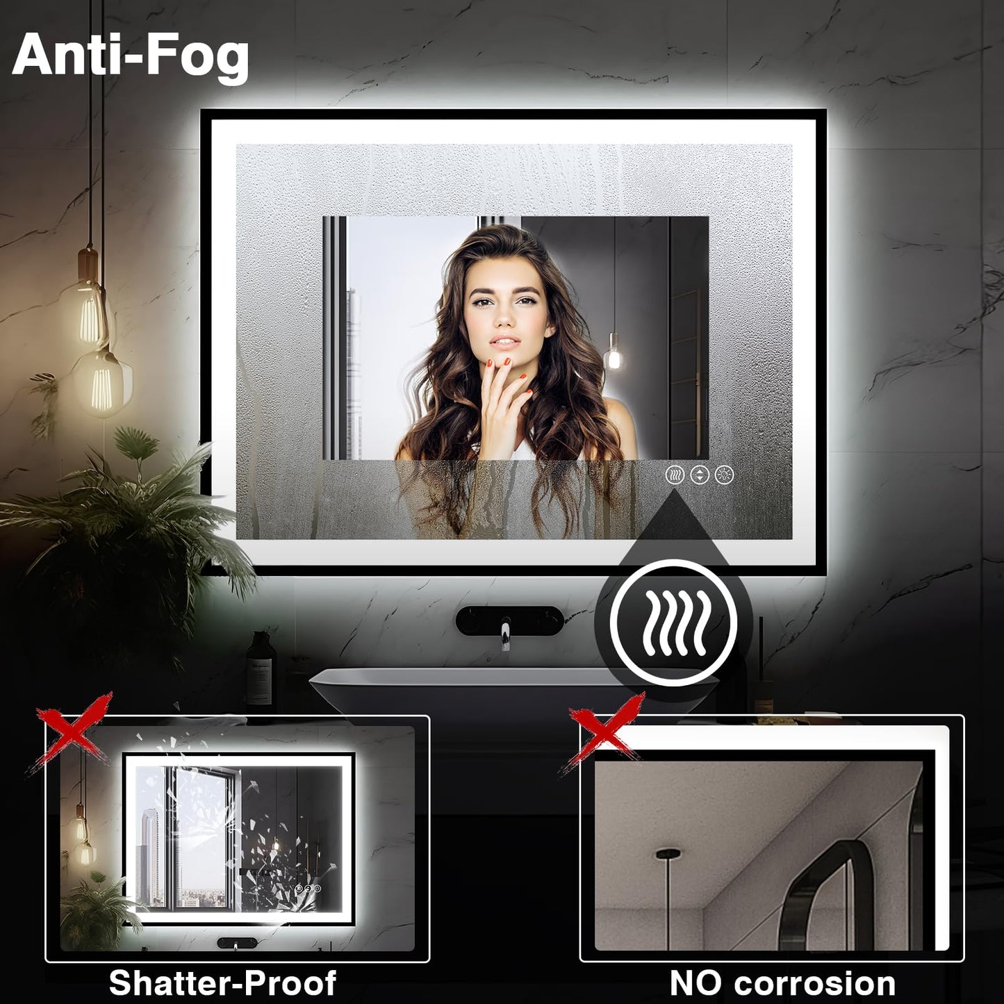 EchosLife 40x24 LED Bathroom Mirror - Black Aluminum Framed, Front and Backlit, Anti-Fog, Stepless Dimmable Lighted, 3 Colors Smart Vanity Mirror (Horizontal/Vertical)