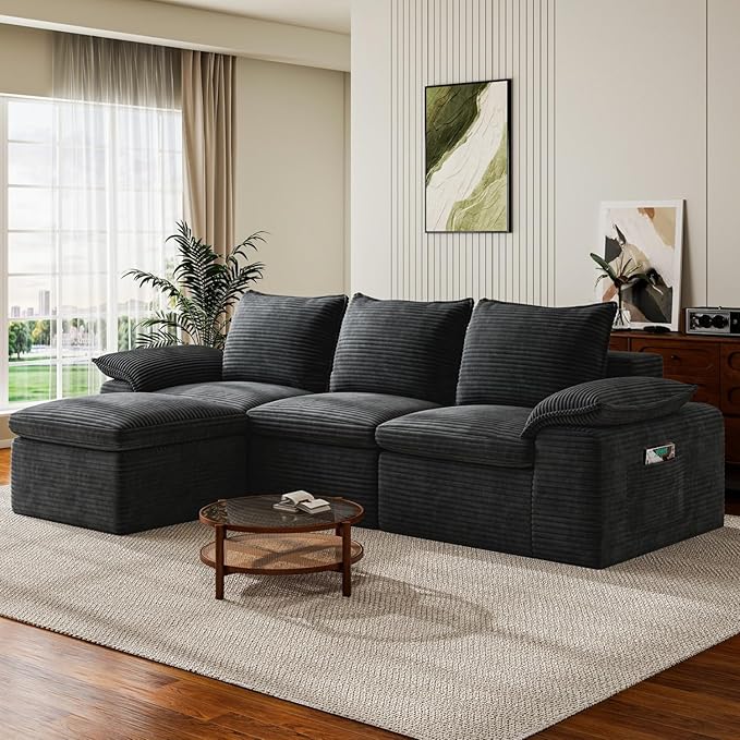 Buytime 104" Comfy Cloud Couch, Convertible Boneless Couches for Living Room, L Shaped Modular Sectional Sofa with Deep Seat, Double-Layer Cloud Cushion and Headrest, Pebble Grey