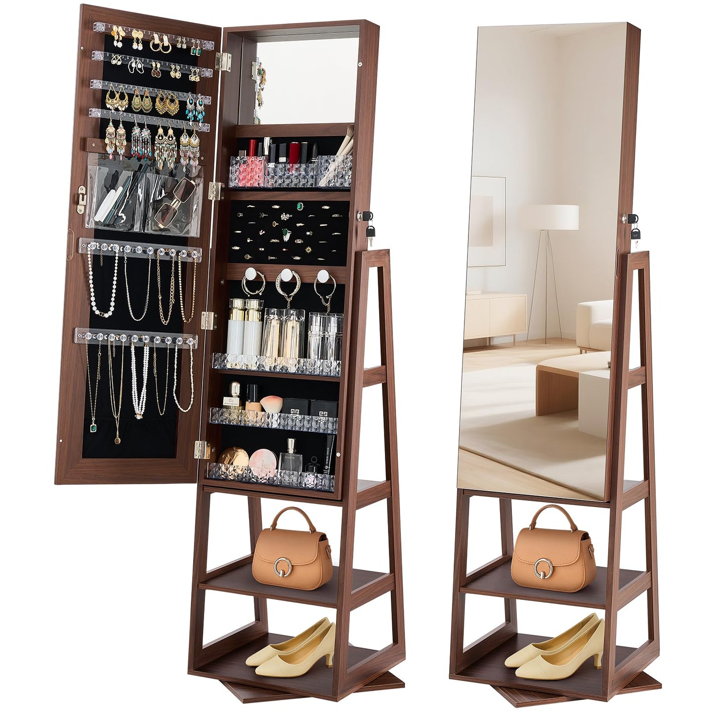 VEVOR 360° Swivel Jewelry Cabinet, 61-inch Tall, Full-Length Mirror with Storage, Standing Rotatable Jewelry Armoire Organizer, Lockable Door with 2 Keys, Accessory Pouches, and Storage Shelves