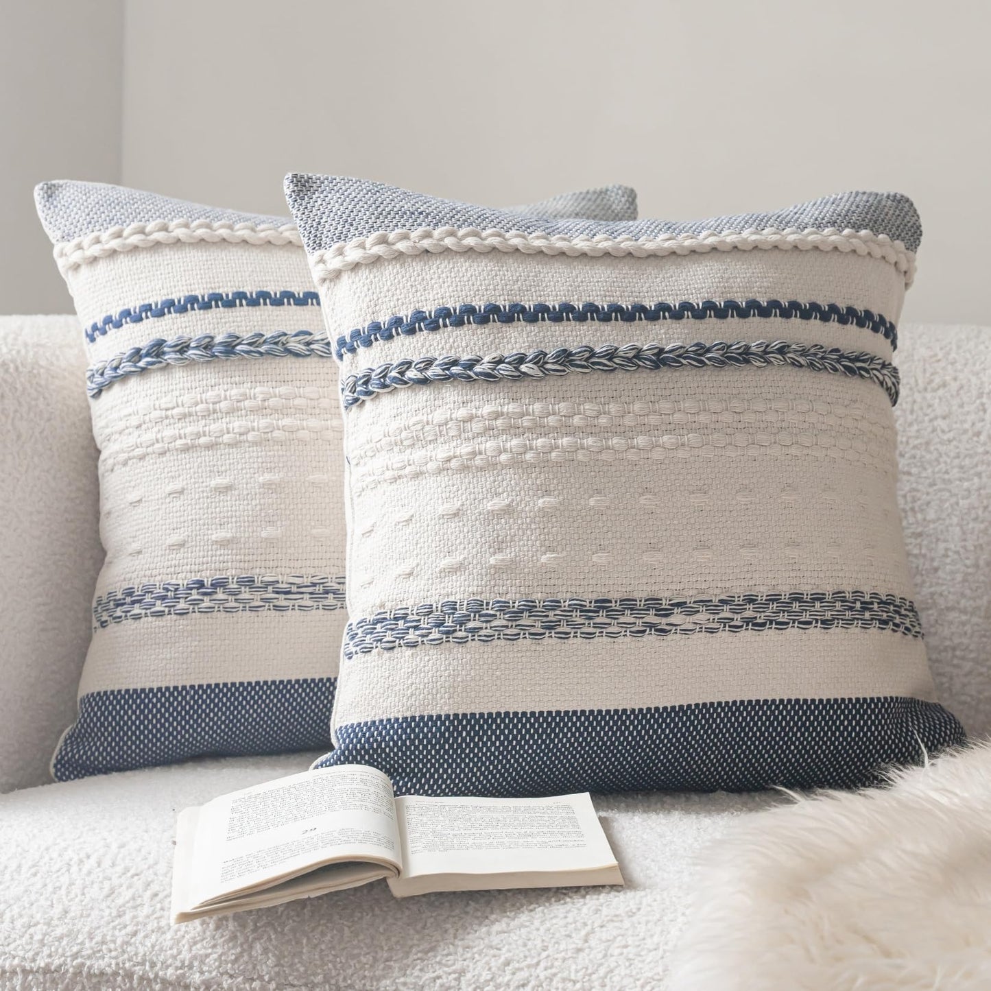 Cethom Boho Throw Pillow Covers 18x18 Inch Set of 2, Navy Blue Textured Decorative Couch Pillow Cases for Farmhouse Home Decor, Accent Cushion Cover for Sofa, Bed, Living Room, Bedroom