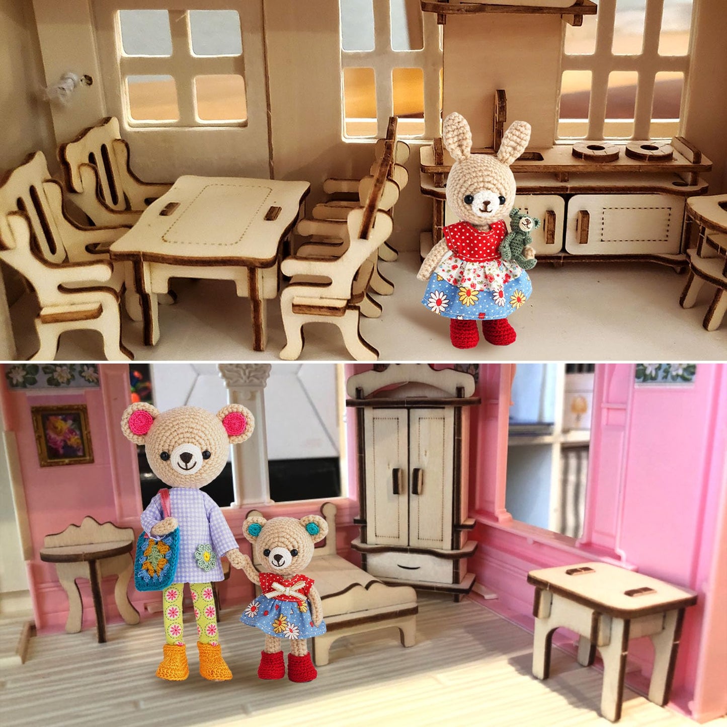 LOVEINUSA DIY Wooden Dollhouse Furniture Set, 3D Puzzle Miniature Room Accessories, Natural Wood