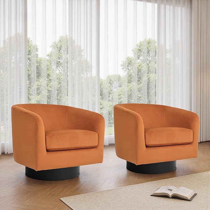 UIXE Swivel Barrel Accent Chair, Velvet Upholstered Armchair Modern Round Club Arm Chair for Living Room, Comfy Single Sofa Seating Bedroom Side Reading Seat for Home Office - Orange