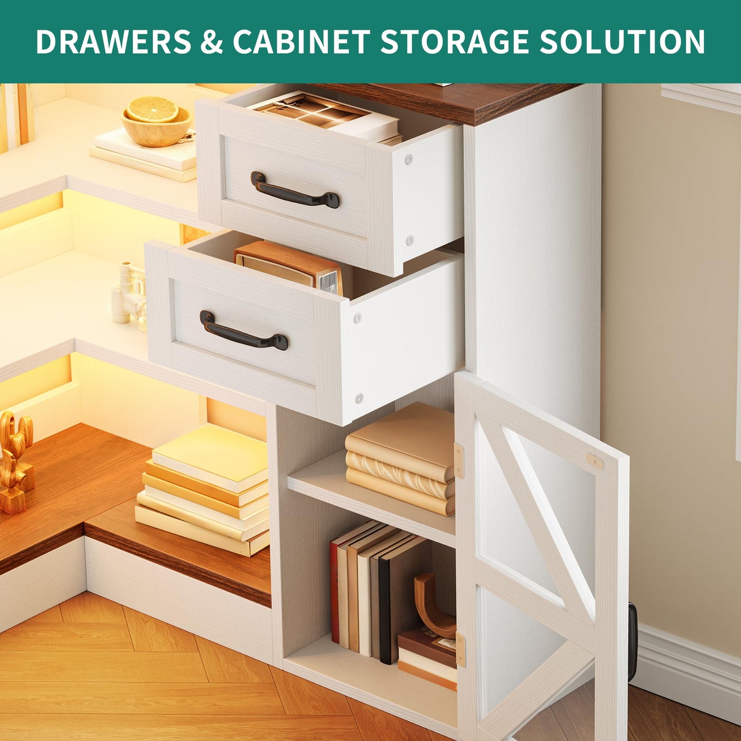YITAHOME Corner Bookshelf with Storage, Farmhouse 6-Tier Bookshelf with Drawers and Cabinets, L-Shaped Bookcase LED Lights Corner Display Shelf for Home Office, Living Room, Bedroom