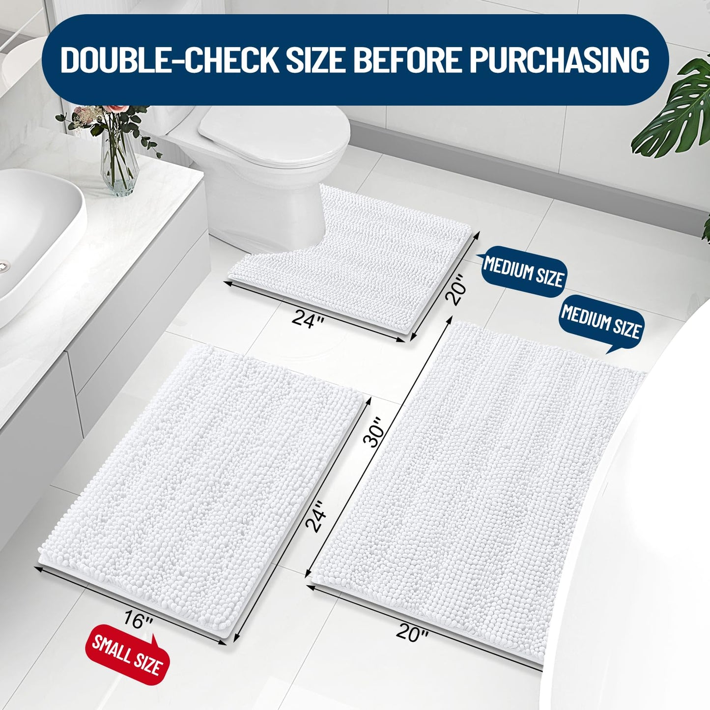 Grandaily Chenille Striped Bathroom Rugs 24x16, Extra Thick and Absorbent Bath Mats, Non-Slip Soft Plush Shaggy Shower Carpet, Machine Wash Dry, Bath Rug for Bathroom, (Small, White)