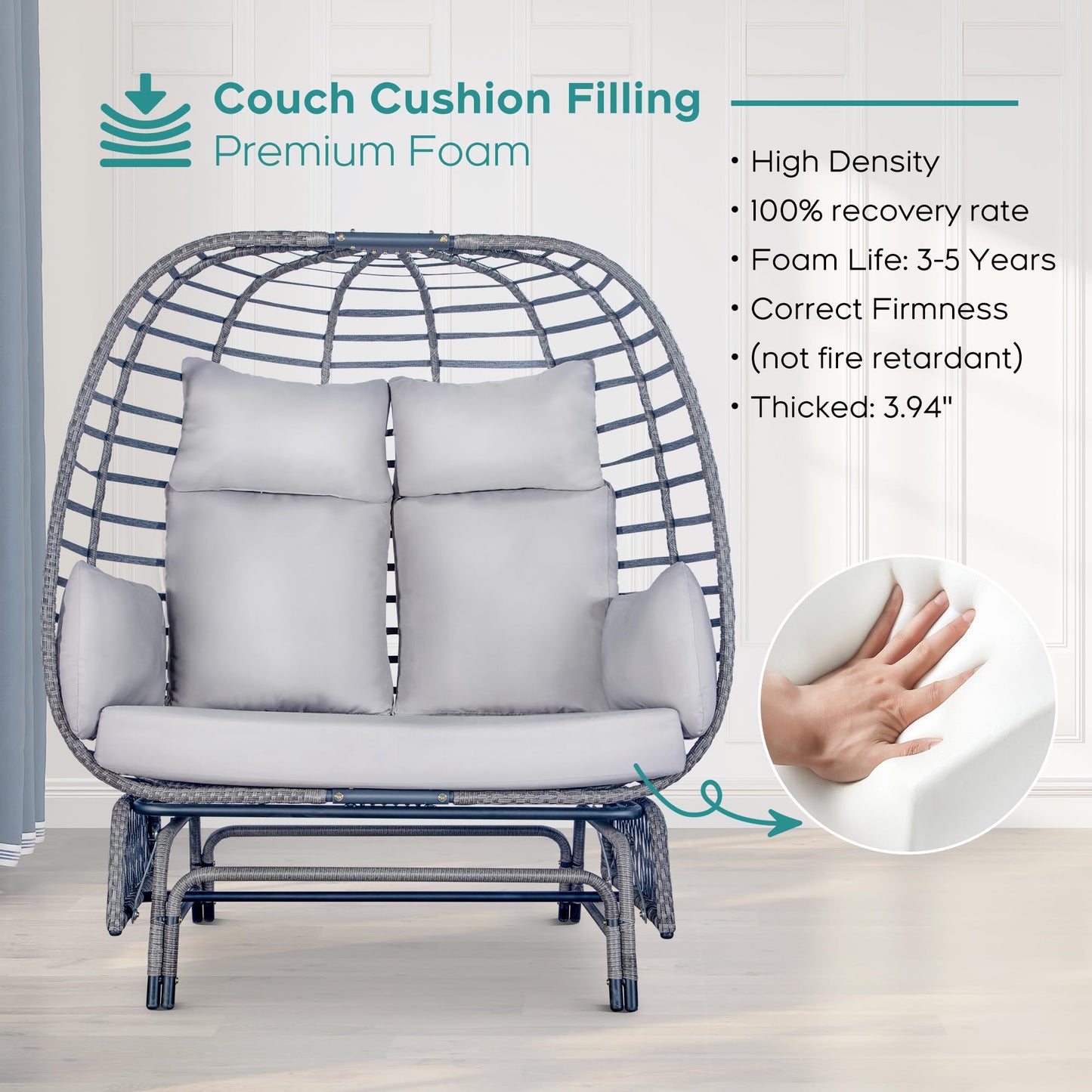 Outdoor Double Egg Chair Patio Chairs - 500lbs Capacity for 2 Person, Oversized Wicker Rocking Glider Chair with Steel Stand, Hand-Woven Lounge Chair Nest Loveseat for Indoor, Porch, Backyard, Balcony