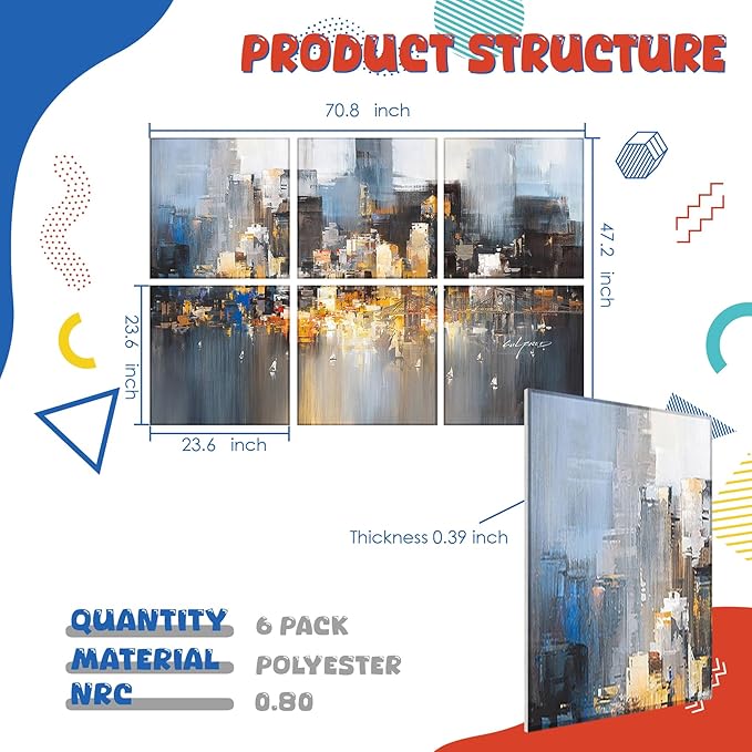 EVENRISING Art Acoustic Panels, 72"x48"x0.4" Sound Absorbing Panels,Better Sound Panels than Soundproof Foam,Self adhesive Soundproof Wall Panels for Recording Studio, Abstract city