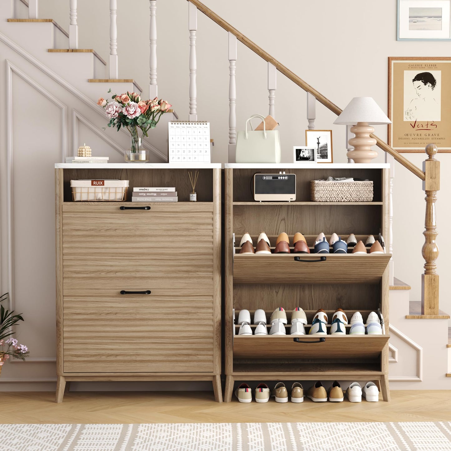 HOMEFORT Shoe Storage Cabinet for Entryway, 31.5" Fluted Shoe Cabinet with 2 Flip Drawers, Mid-Century Modern Hidden Shoe Rack Organizer, Slim Shoe Cabinet for Front Door Entrance, Natural Oak