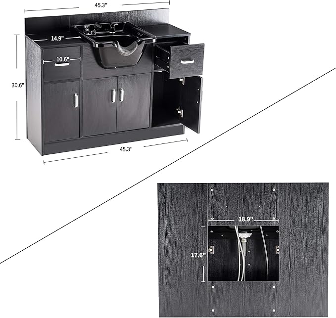 BarberPub Multi-Functional Shampoo Backwash Sink Station with Shampoo Bowl for Hair Stylist, Salon Spa Beauty Cabinet with Faucet Sprayer, Barber Storage Equipment 45.3" x 14.1'' x 36.4" 7139