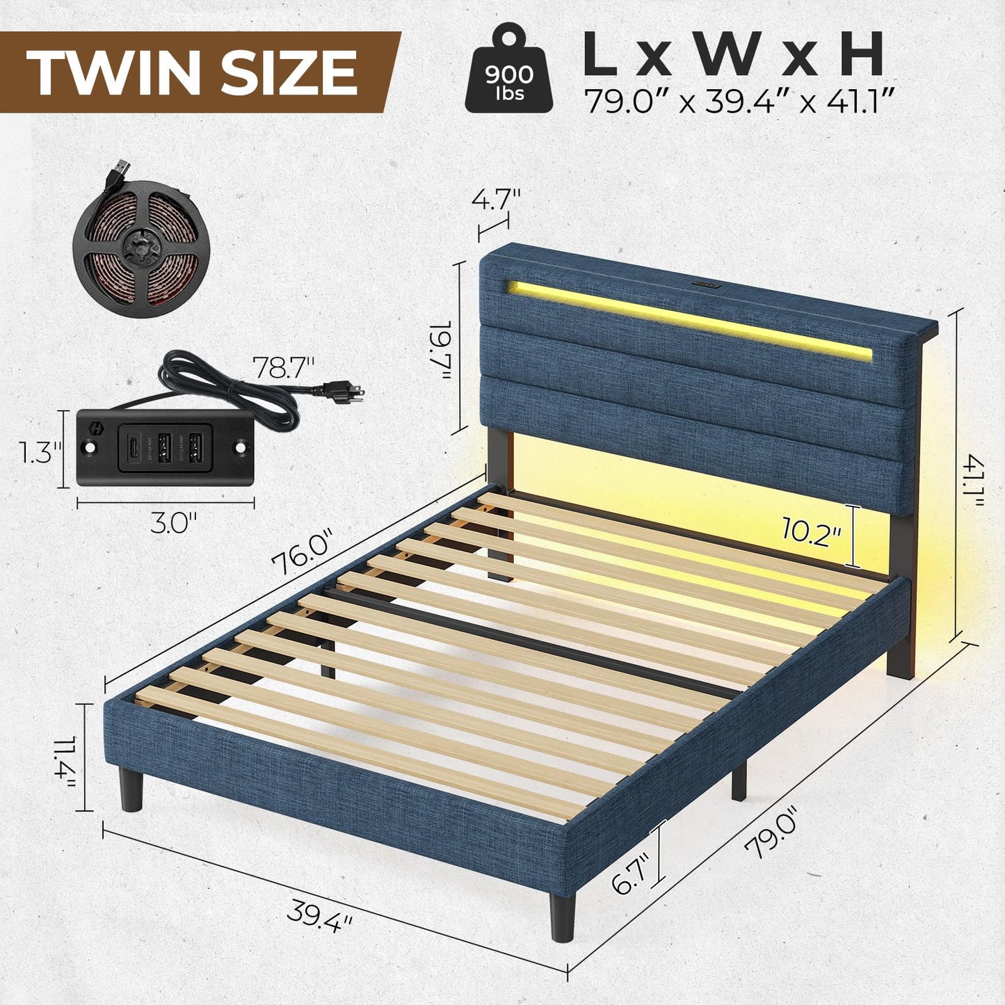 Rolanstar Twin Size Bed Frame, Storage Headboard with Charging Station and LED Lights, Upholstered Bed with Heavy Duty Wood Slats, No Box Spring Needed, Noise Free, Easy Assembly, Blue