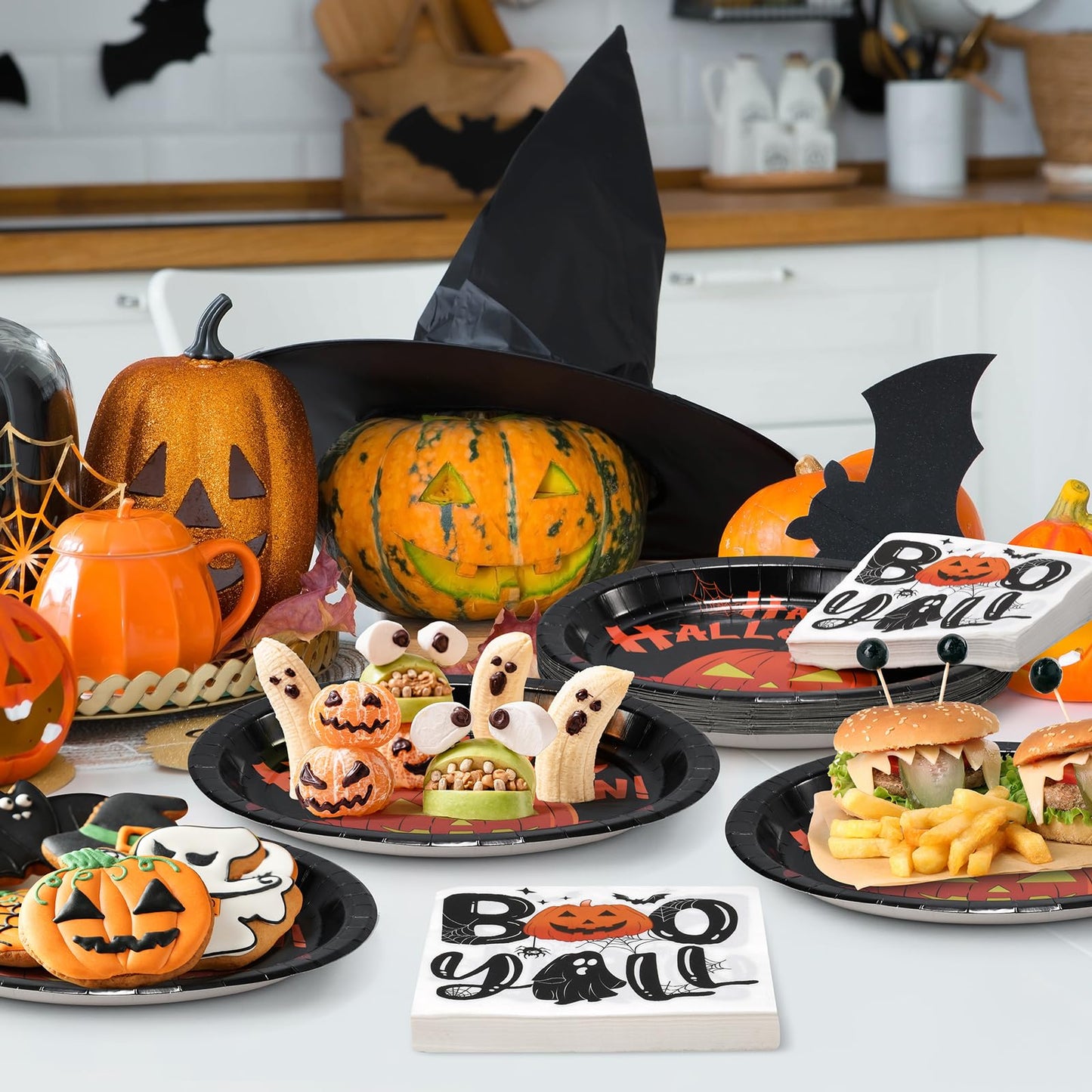 FATLBSEV 50Pcs Halloween Oval Paper Plates and Napkins Sets -10" x 12" Large Disposable Party Plates and 6.5'' Napkins for Halloween Party Supplies