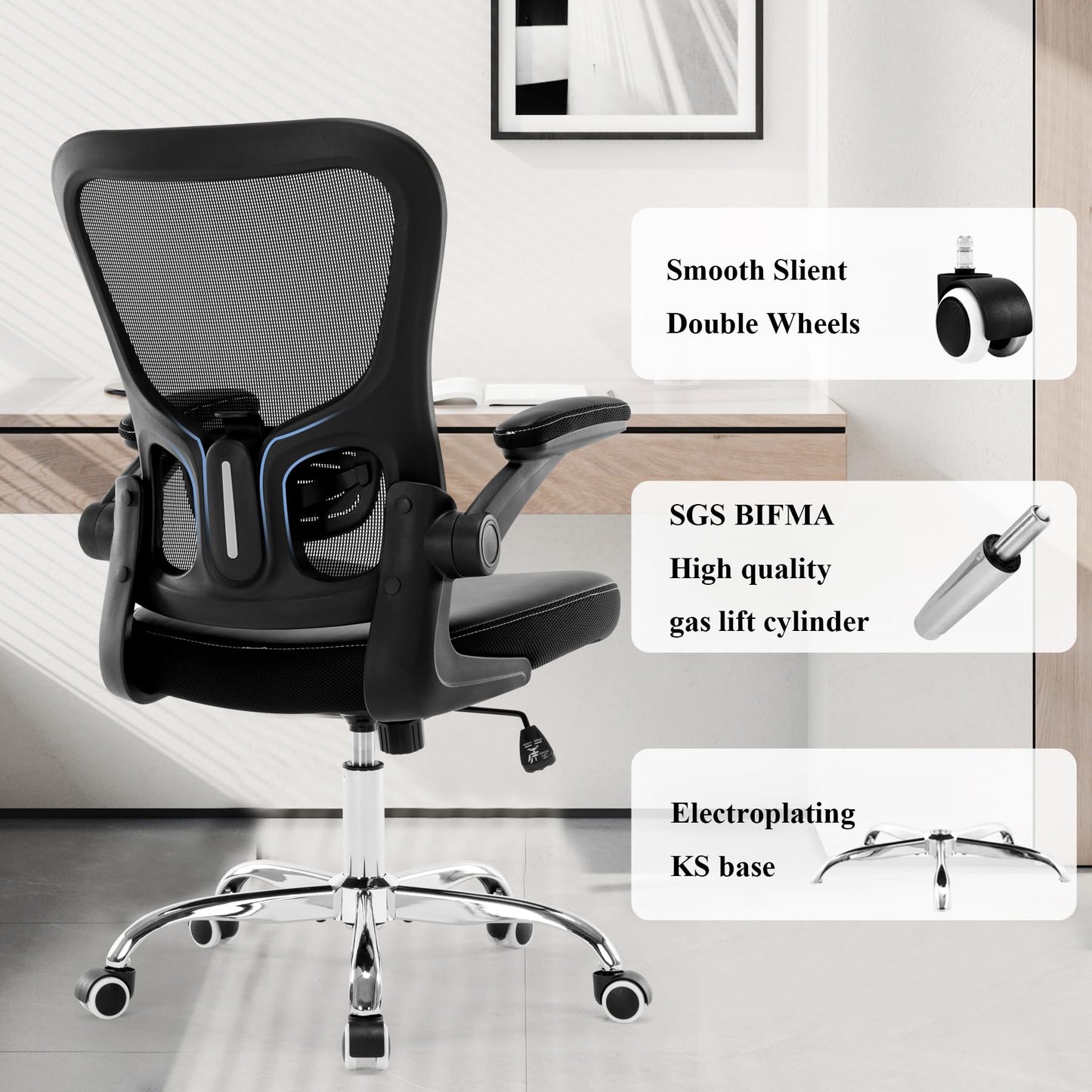 Office Chair, Mesh Ergonomic Desk Computer Chair with PU Leather Flip-up Armrest, Home Task Chair with Lumbar Support, Adjustable Executive Mid Back, Rolling Swivel,Black