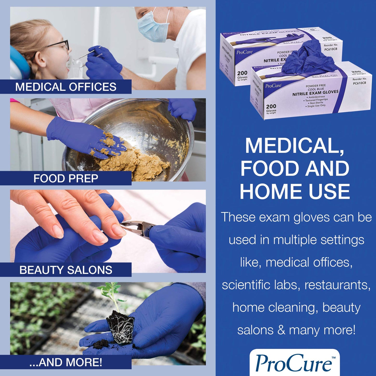 ProCure [200 Count Disposable Nitrile Gloves Large - Powder Free, Rubber Latex Free, Medical Exam Grade, Non Sterile, Ambidextrous - Soft with Textured Tips - Cool Blue