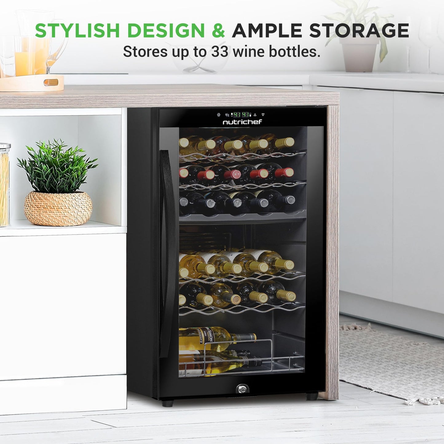 Nutrichef 33 Bottle Wine Fridge | Dual Zone Wine Cooler | Adjustable Temperature Control 41°F to 64°F | Ultra Quiet Operation | Freestanding Wine Chiller for Home & Office | 33x19x17 IN
